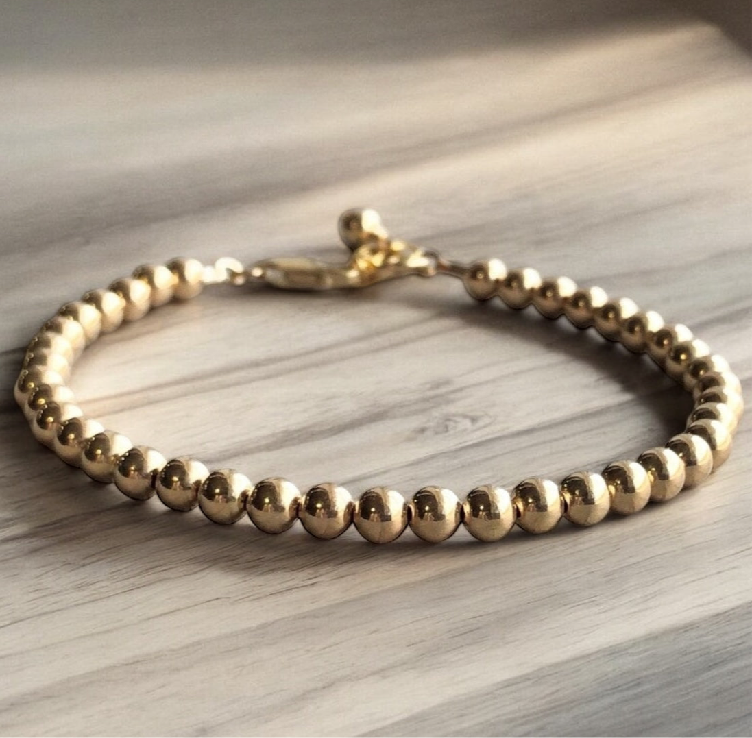 Bracelet complet de billes d’or rempli 14k, 4 mm, avec fermoir