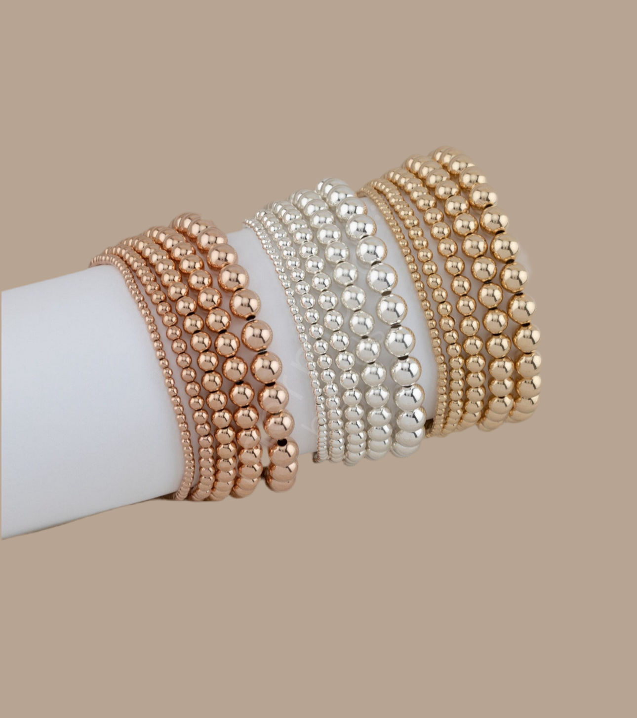 Bracelet de billes or rose 14k rempli, 2-5 mm, extensible