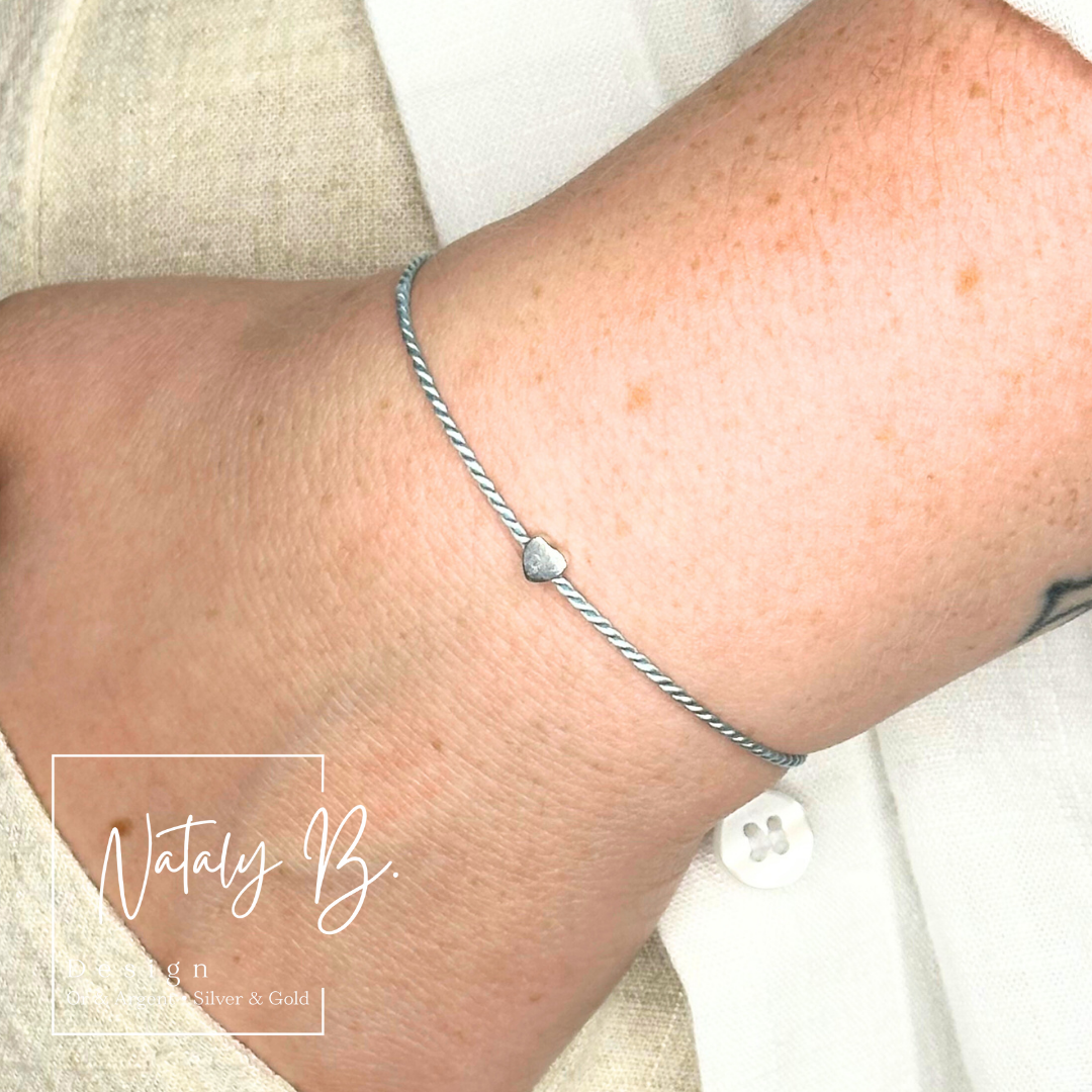 Bracelet cœur argent sterling 9.25 et soie naturelle