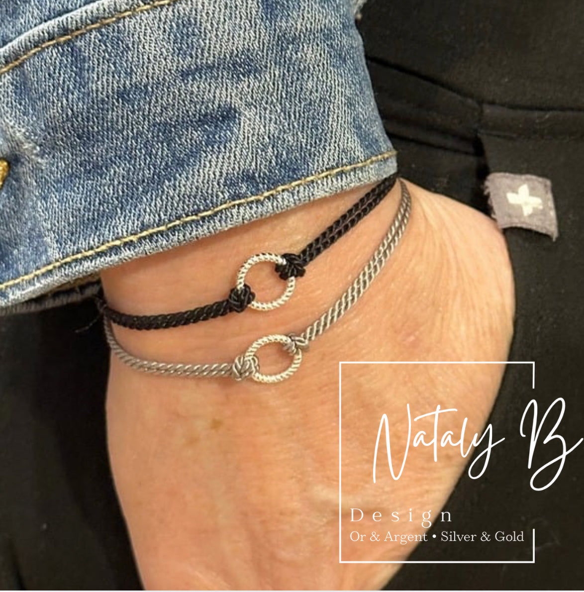 Bracelet anneau argent sterling 9.25 et soie naturelle