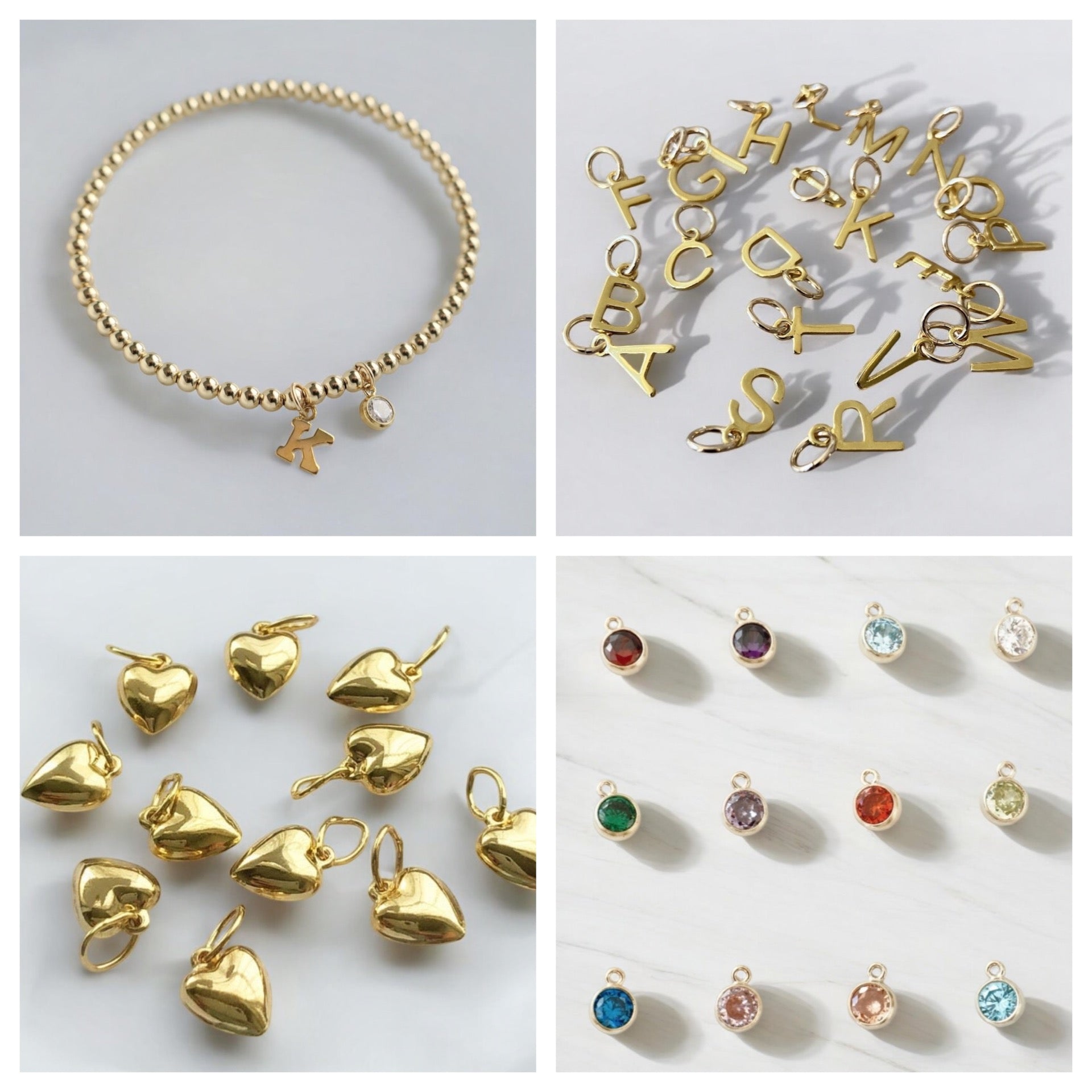 Bracelet à personnaliser 14k Billes et breloques en or rempli 14k avec 4 breloques au choix, extensible