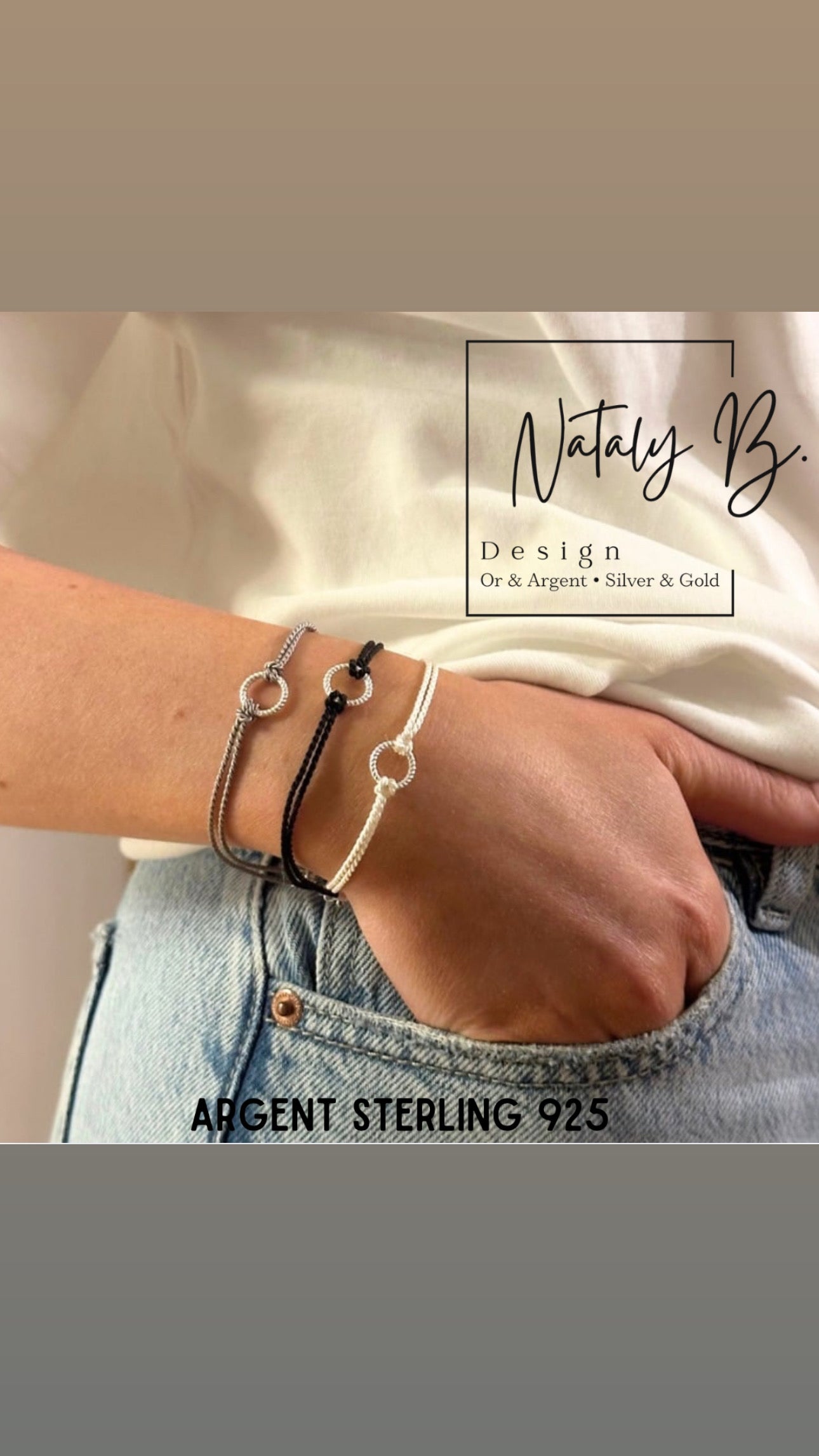 Bracelet anneau argent sterling 9.25 et soie naturelle