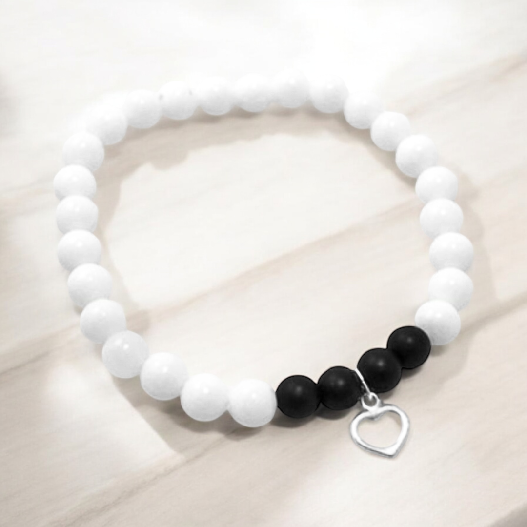 Bracelet de Quartz milky, Onyx noir mat et argent sterling 9.25