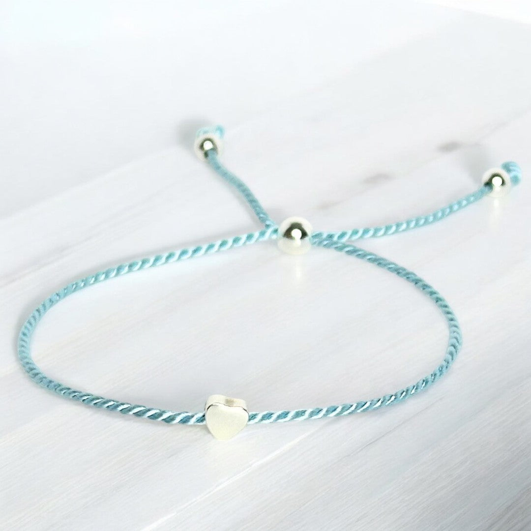 Bracelet cœur argent sterling 9.25 et soie naturelle