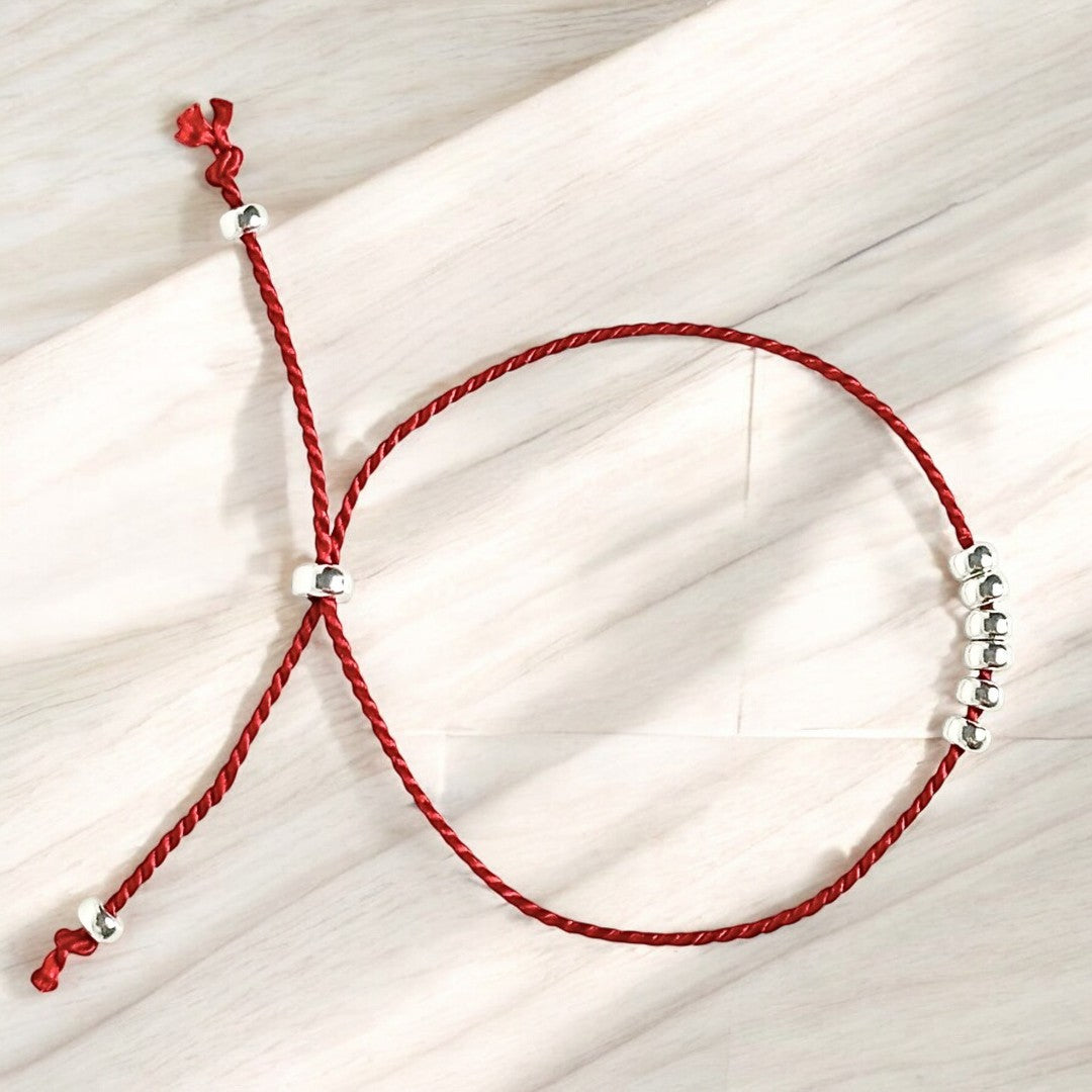 Bracelet 6 billes argent sterling 9.25 et soie naturelle