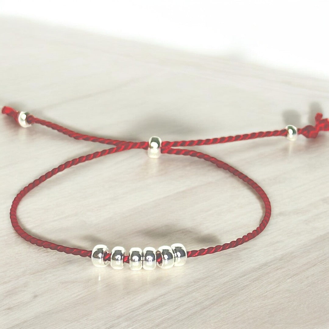 Bracelet 6 billes argent sterling 9.25 et soie naturelle