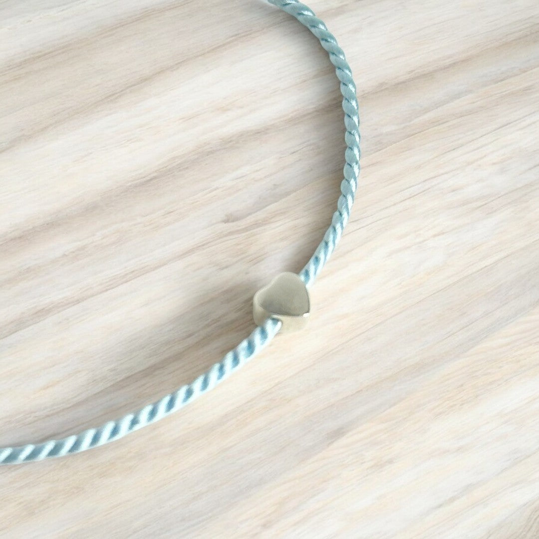 Bracelet cœur argent sterling 9.25 et soie naturelle